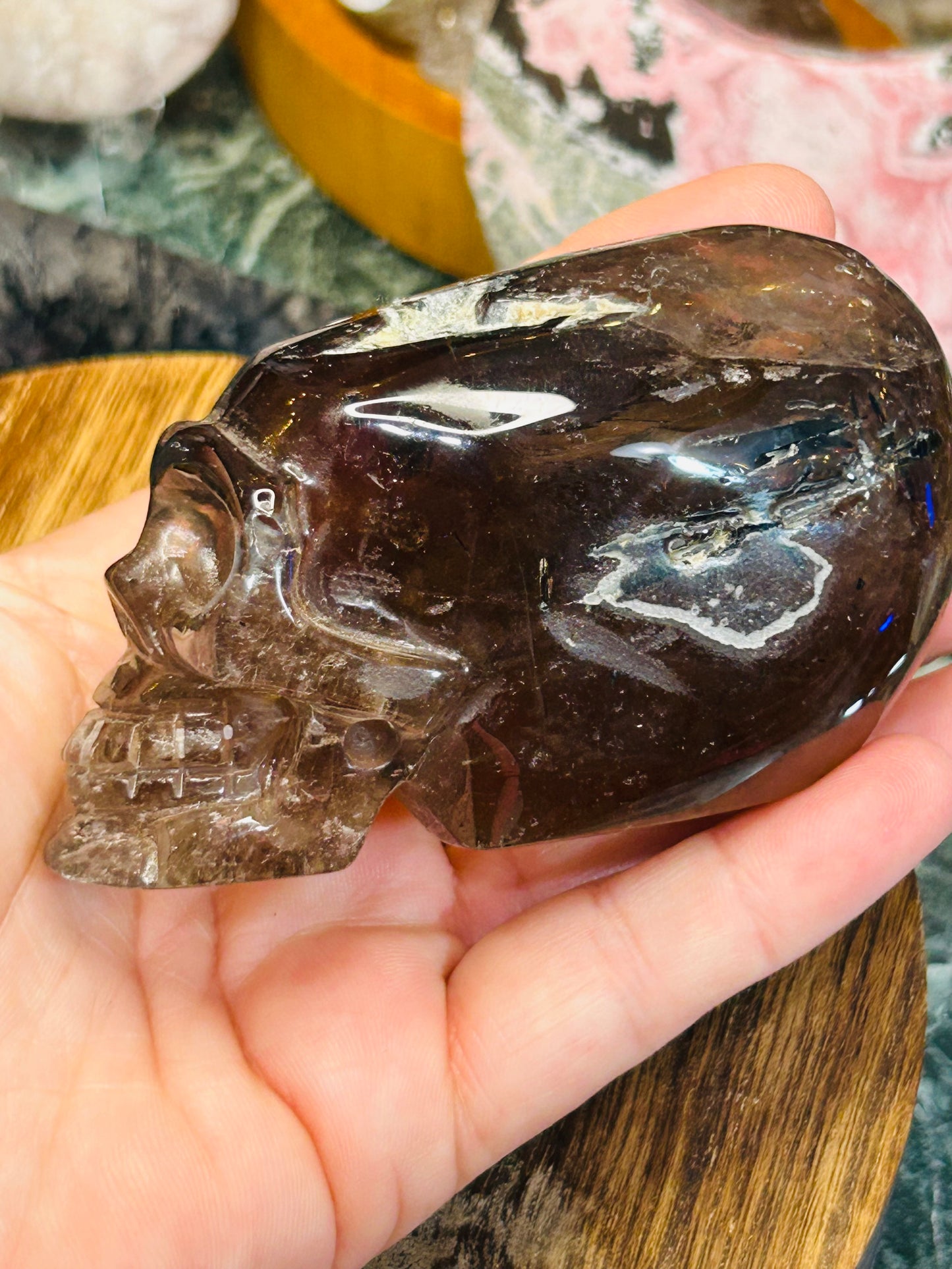 Green tourmaline in smoky quartz