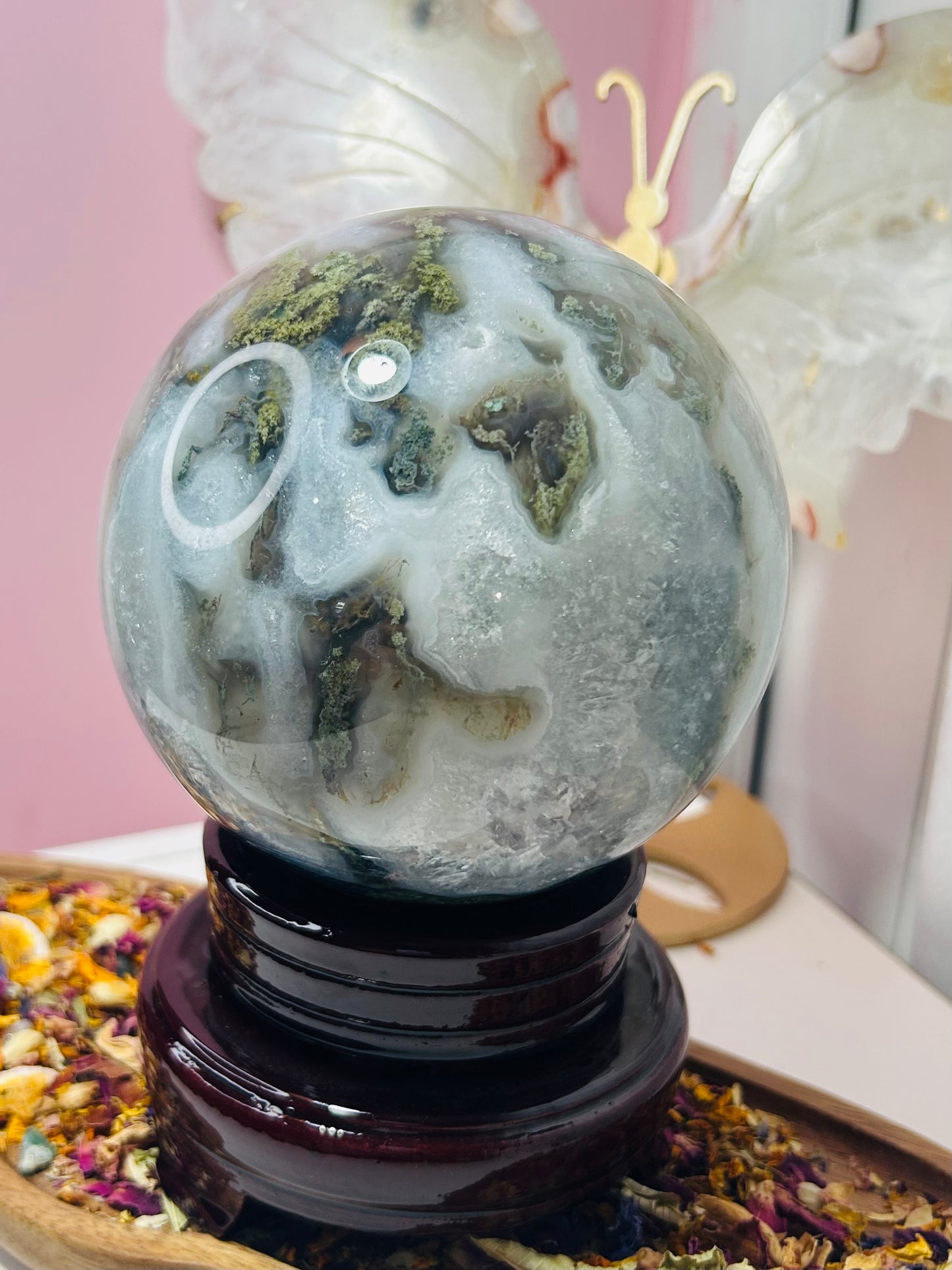 Moss agate sphere with stand £178