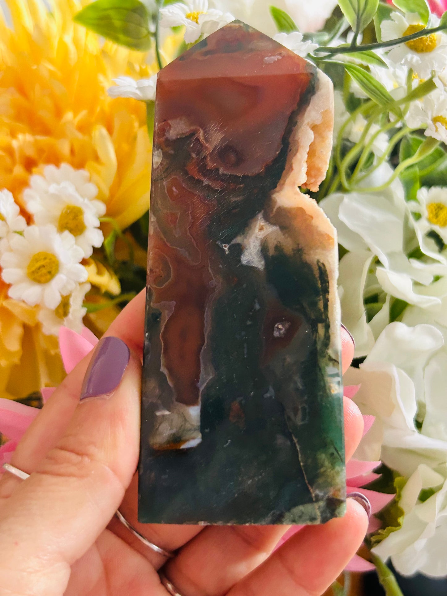 Red moss agate druzy tower