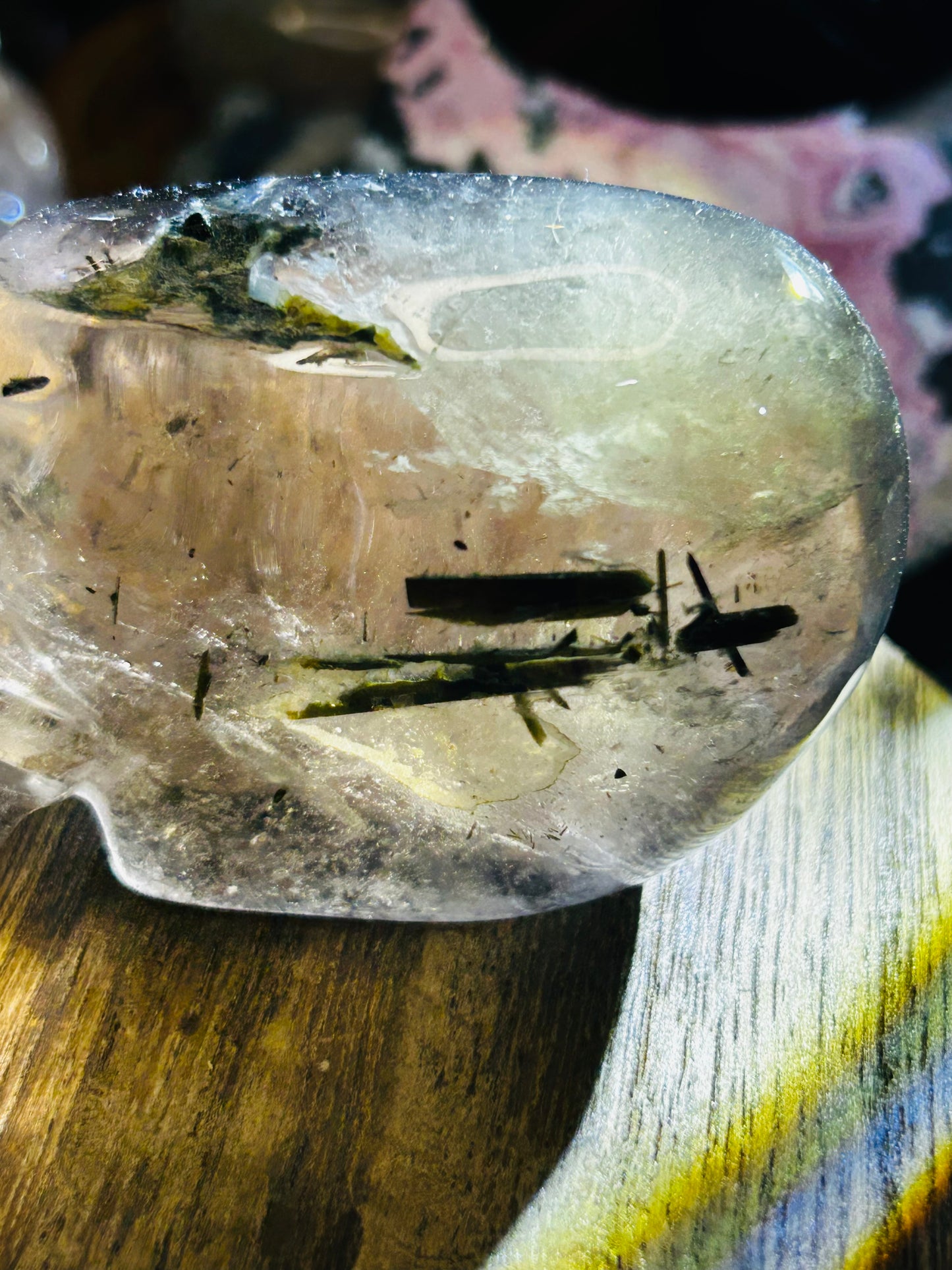 Green tourmaline in smoky quartz