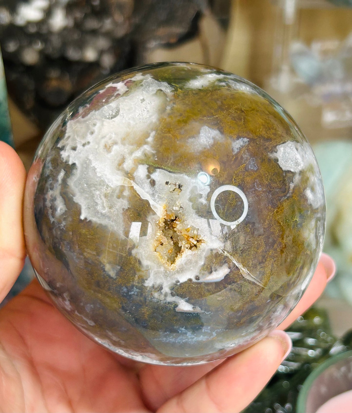 Moss agate druzy sphere