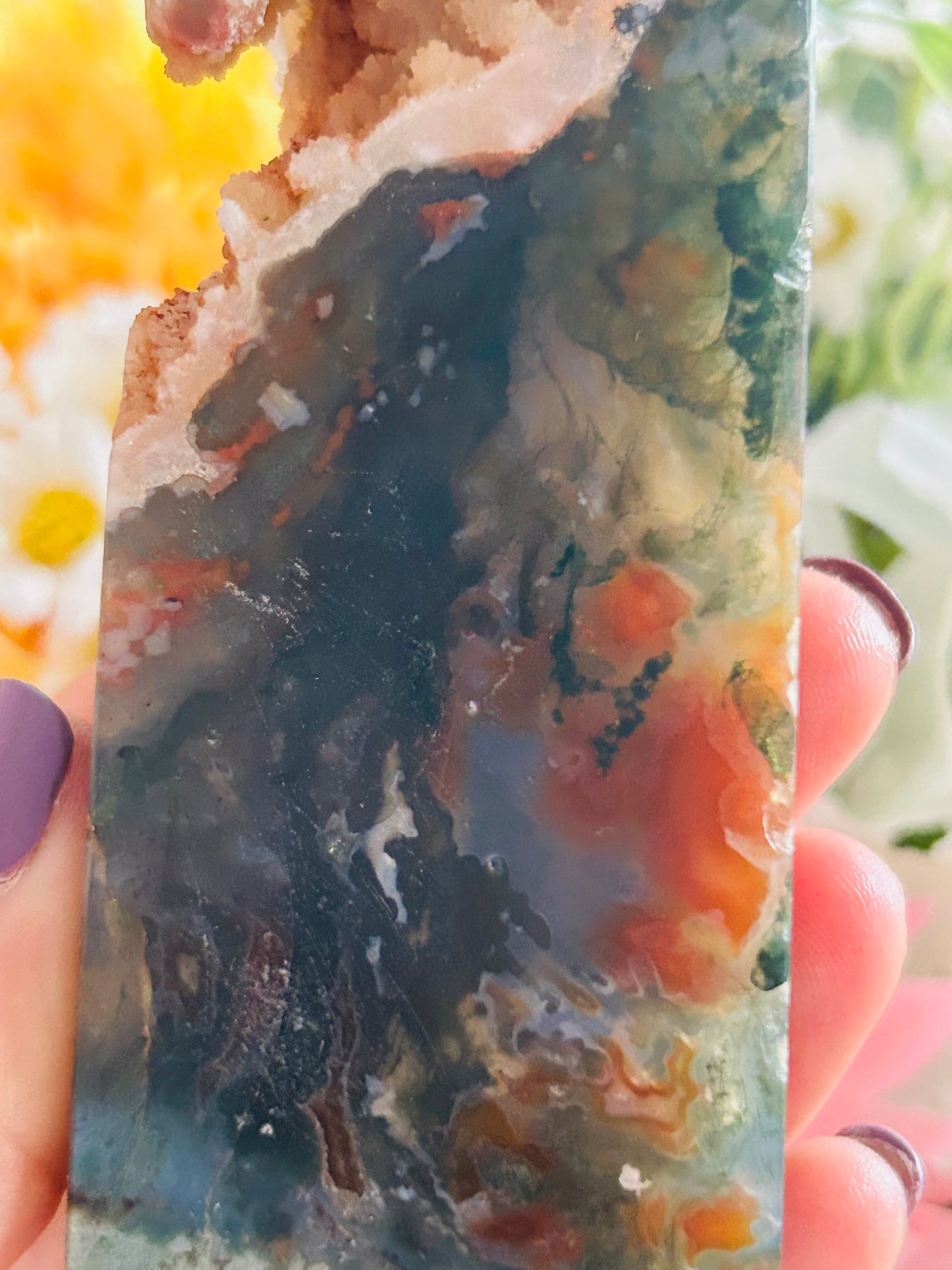 Red moss agate druzy tower