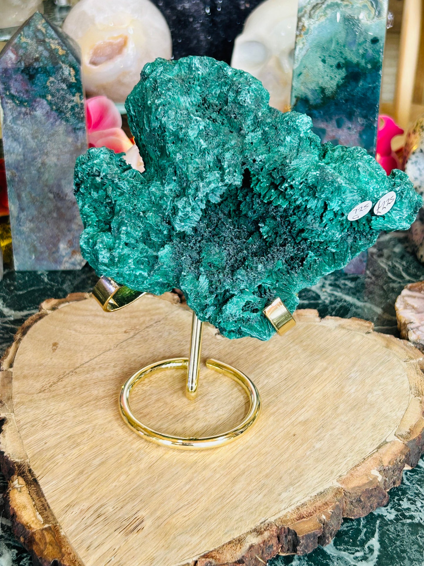 Velvet malachite raw specimen with stand