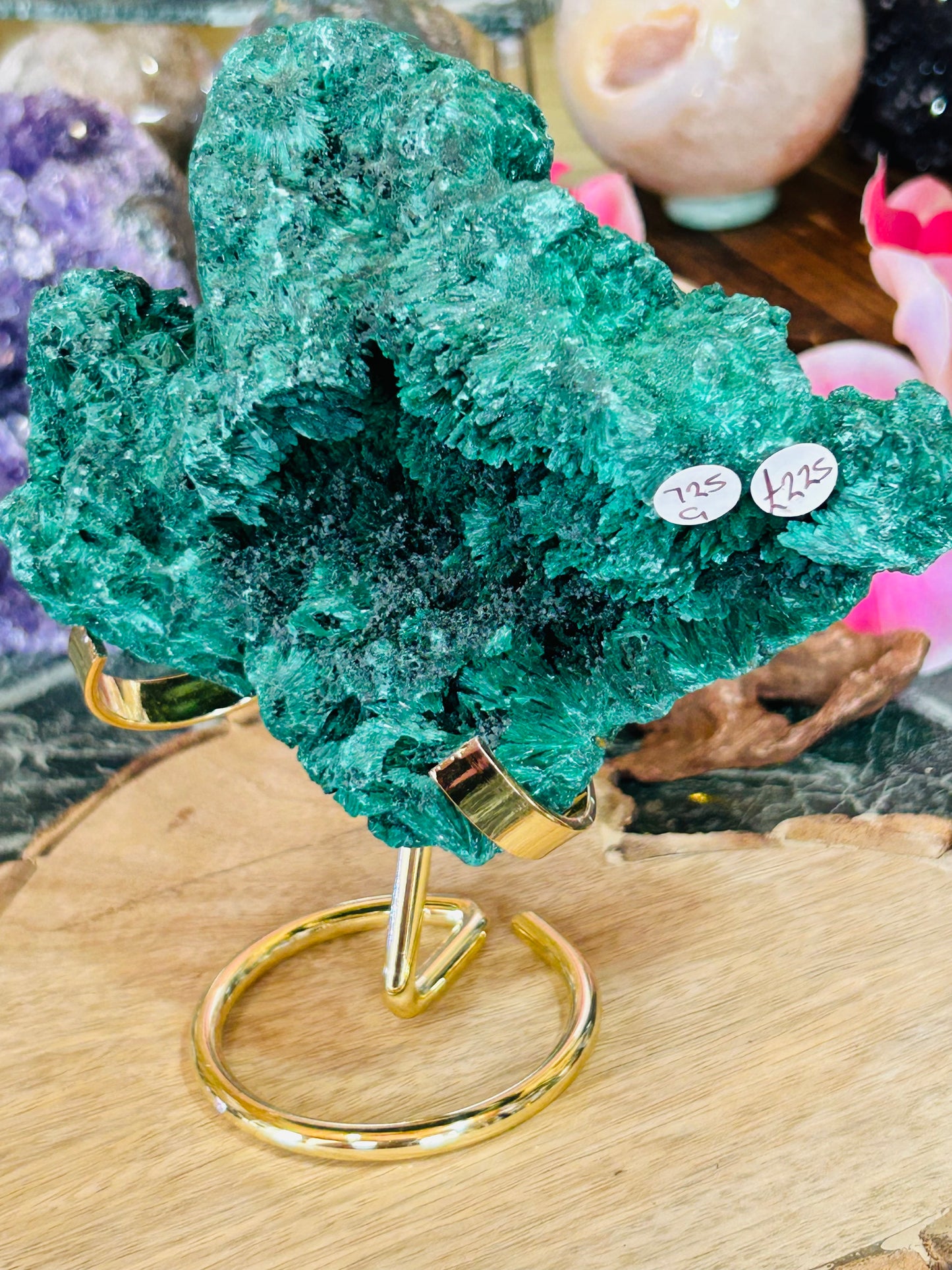 Velvet malachite raw specimen with stand