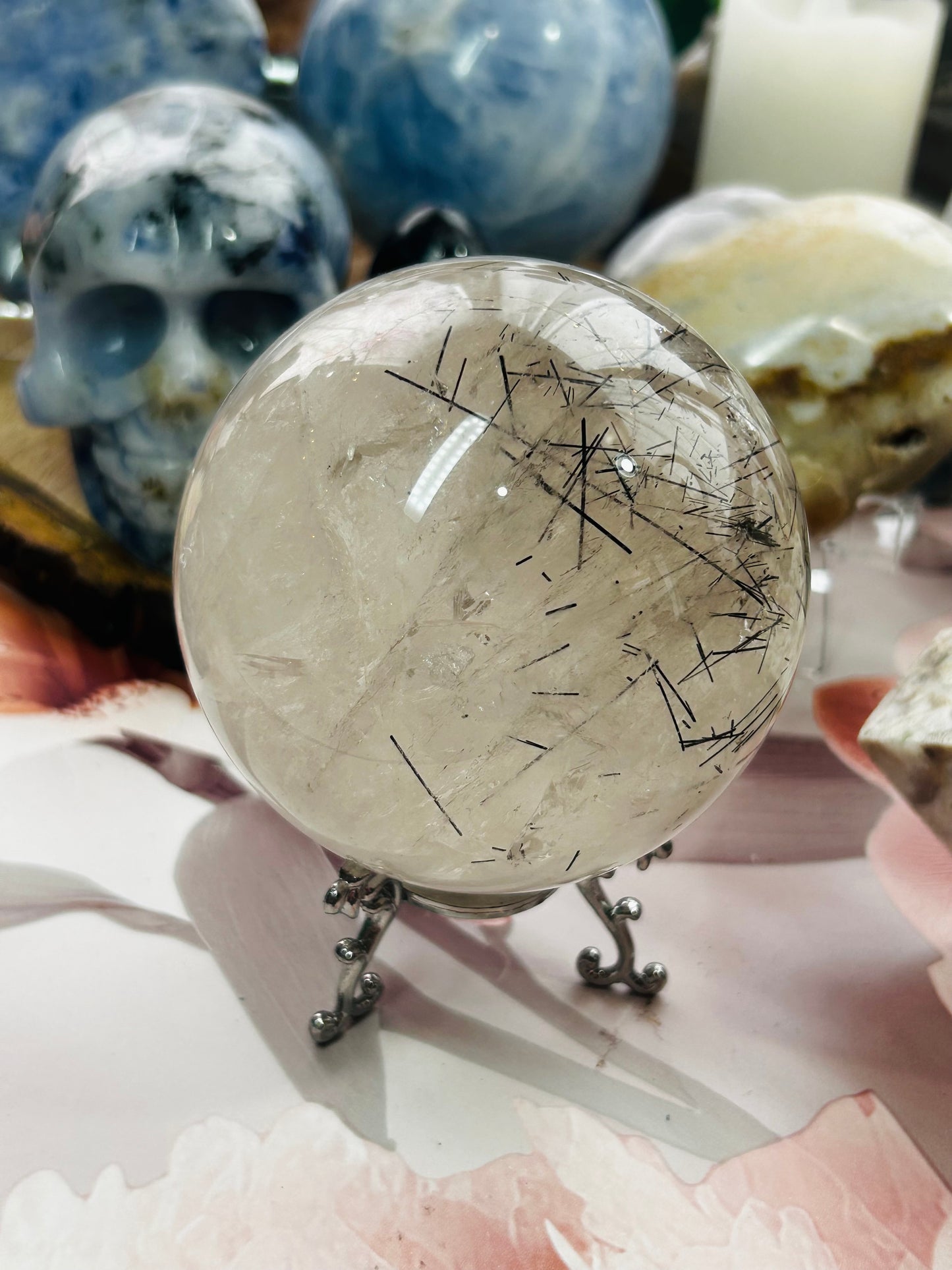 Smoky quartz with black tourmaline rutile sphere