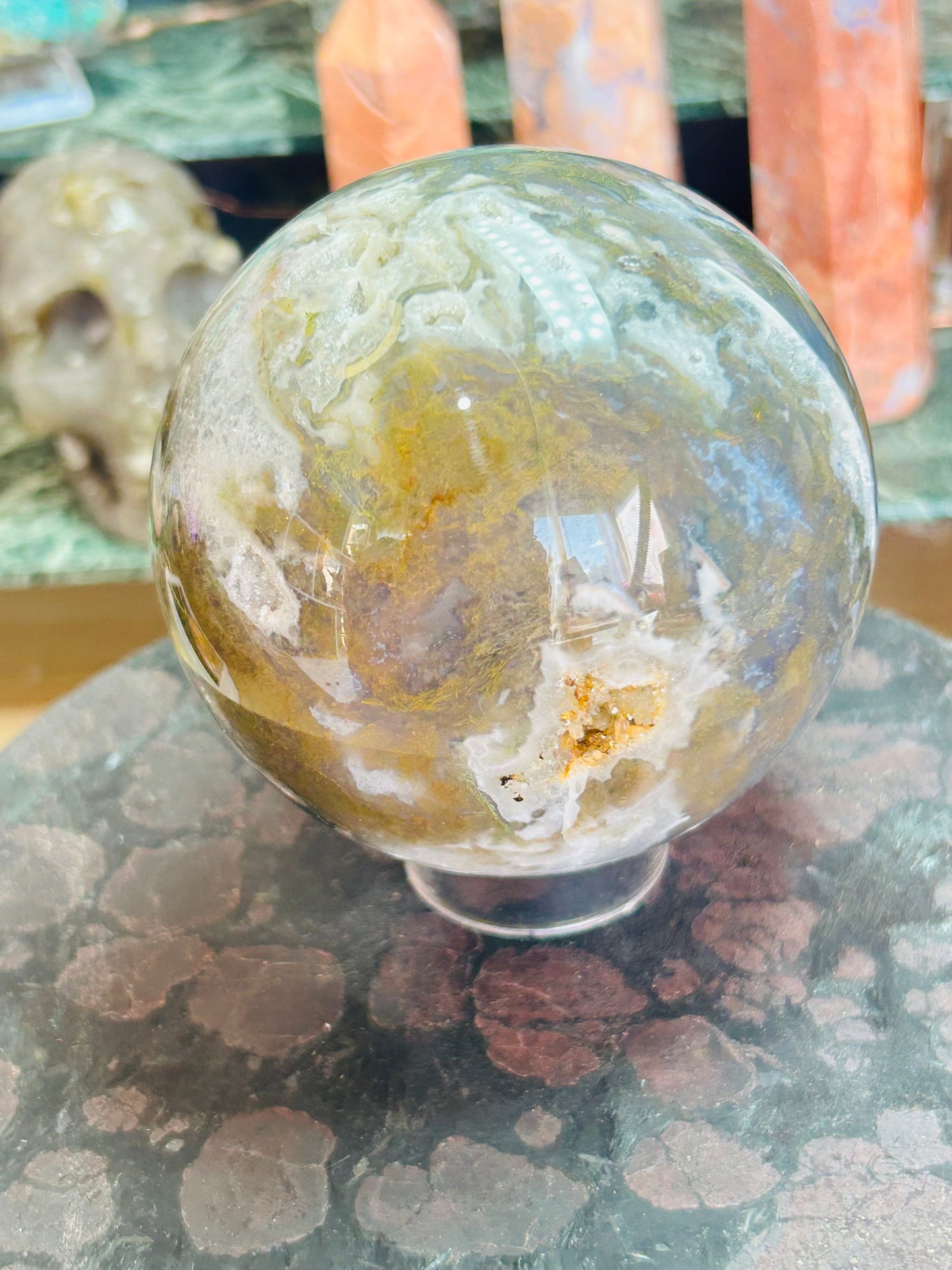 Moss agate druzy sphere