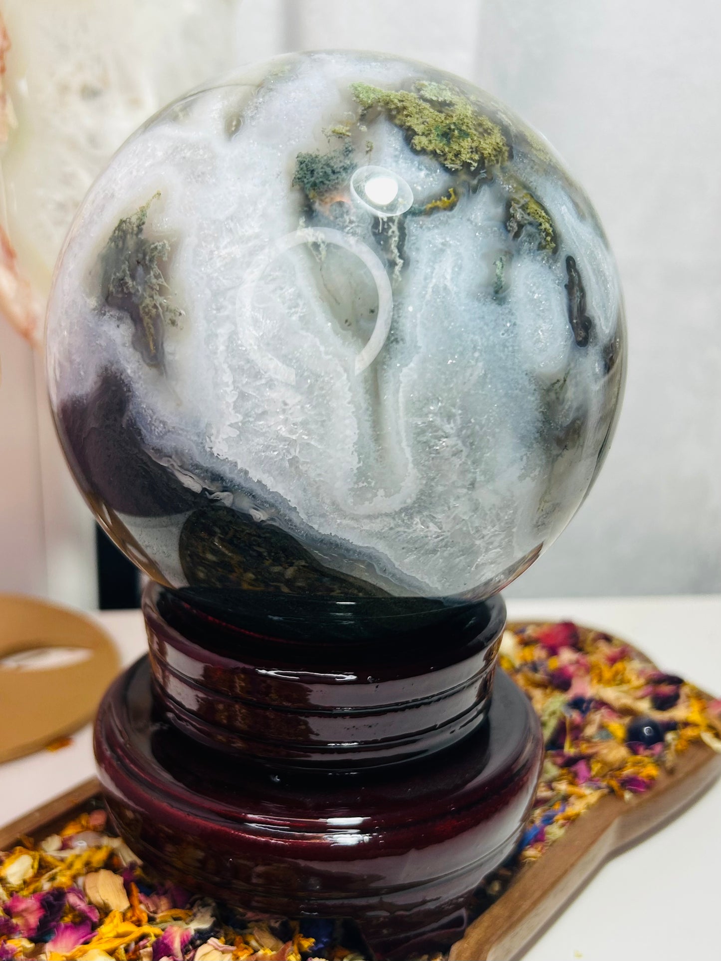 Moss agate sphere with stand £178