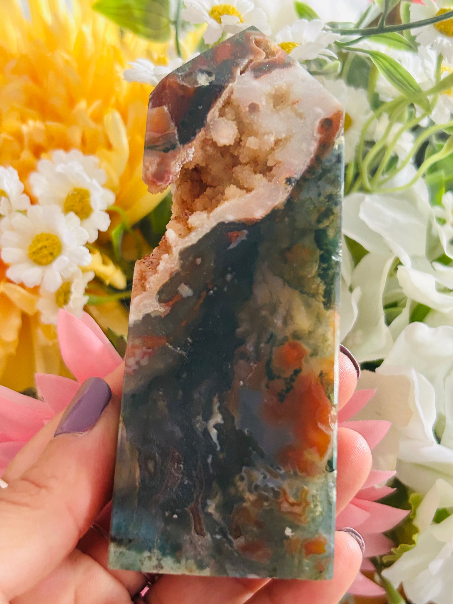 Red moss agate druzy tower