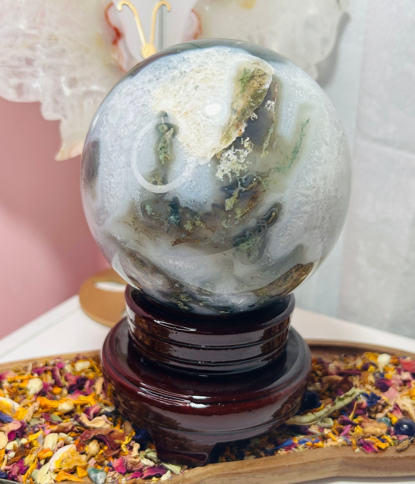 Moss agate sphere with stand £178