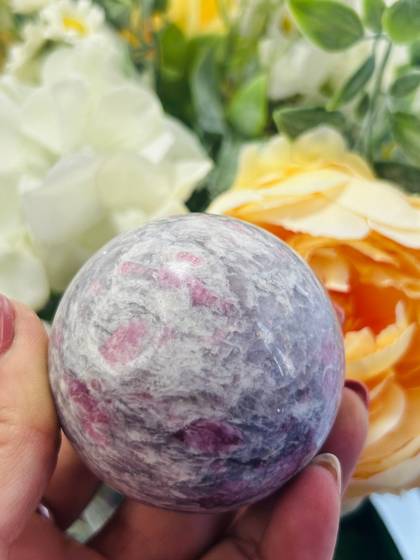 Pink tourmaline, smoky quartz and purple mica sphere