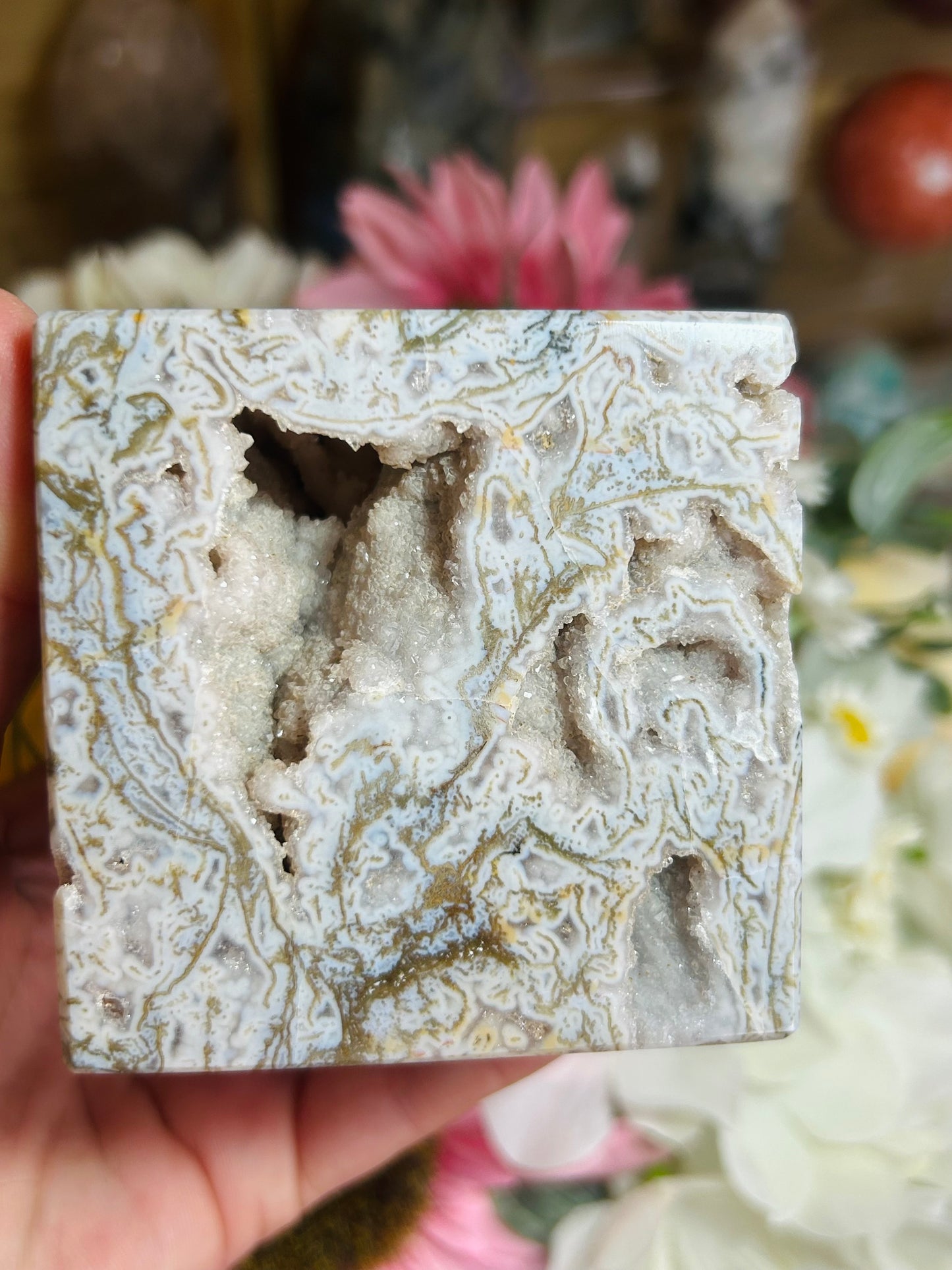 Druzy moss agate cube freestanding