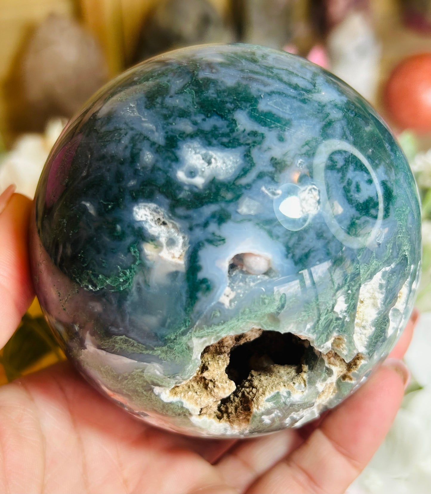 Moss agate druzy sphere