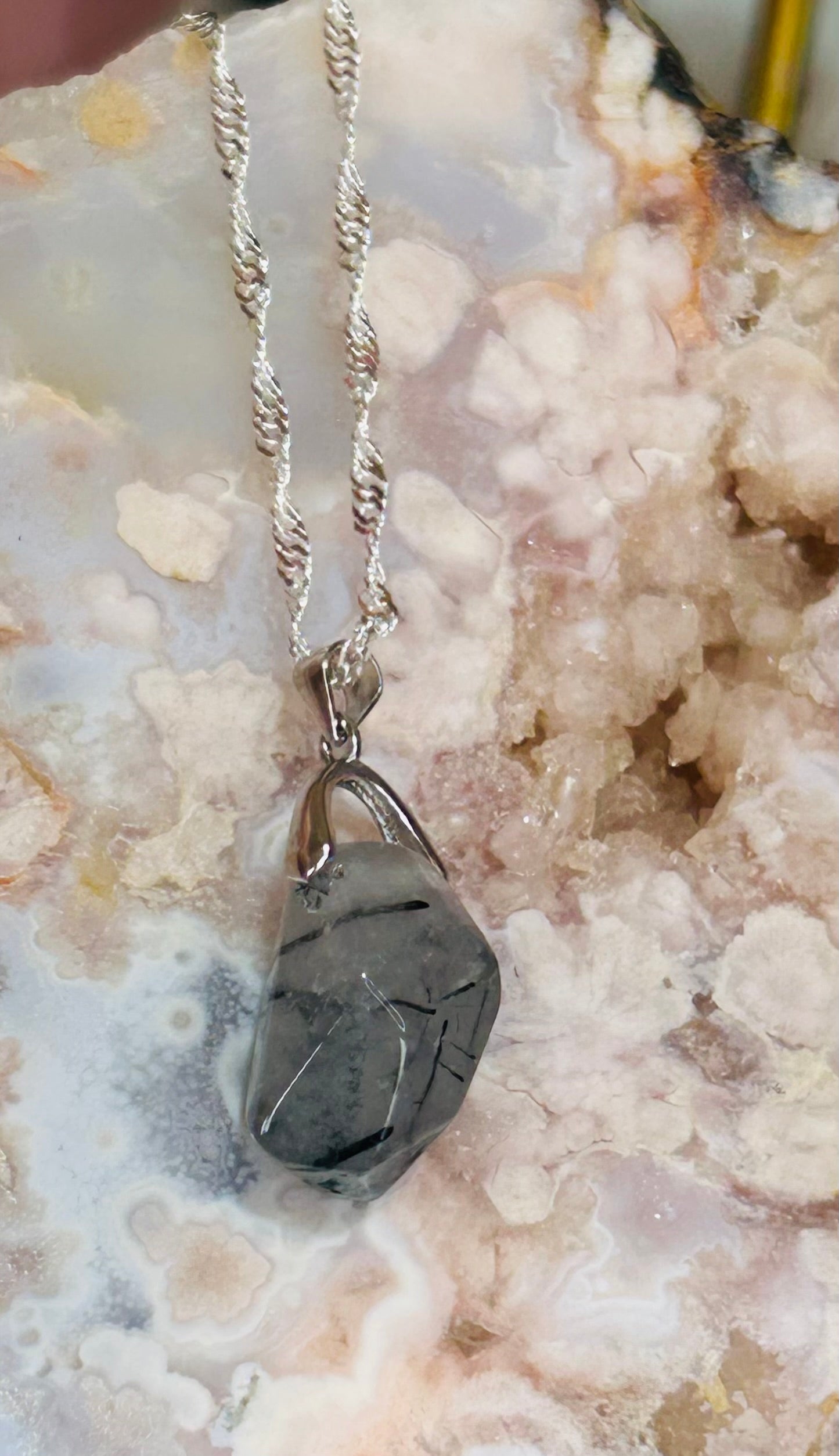 Black tourmaline in quartz s925 necklace 20”