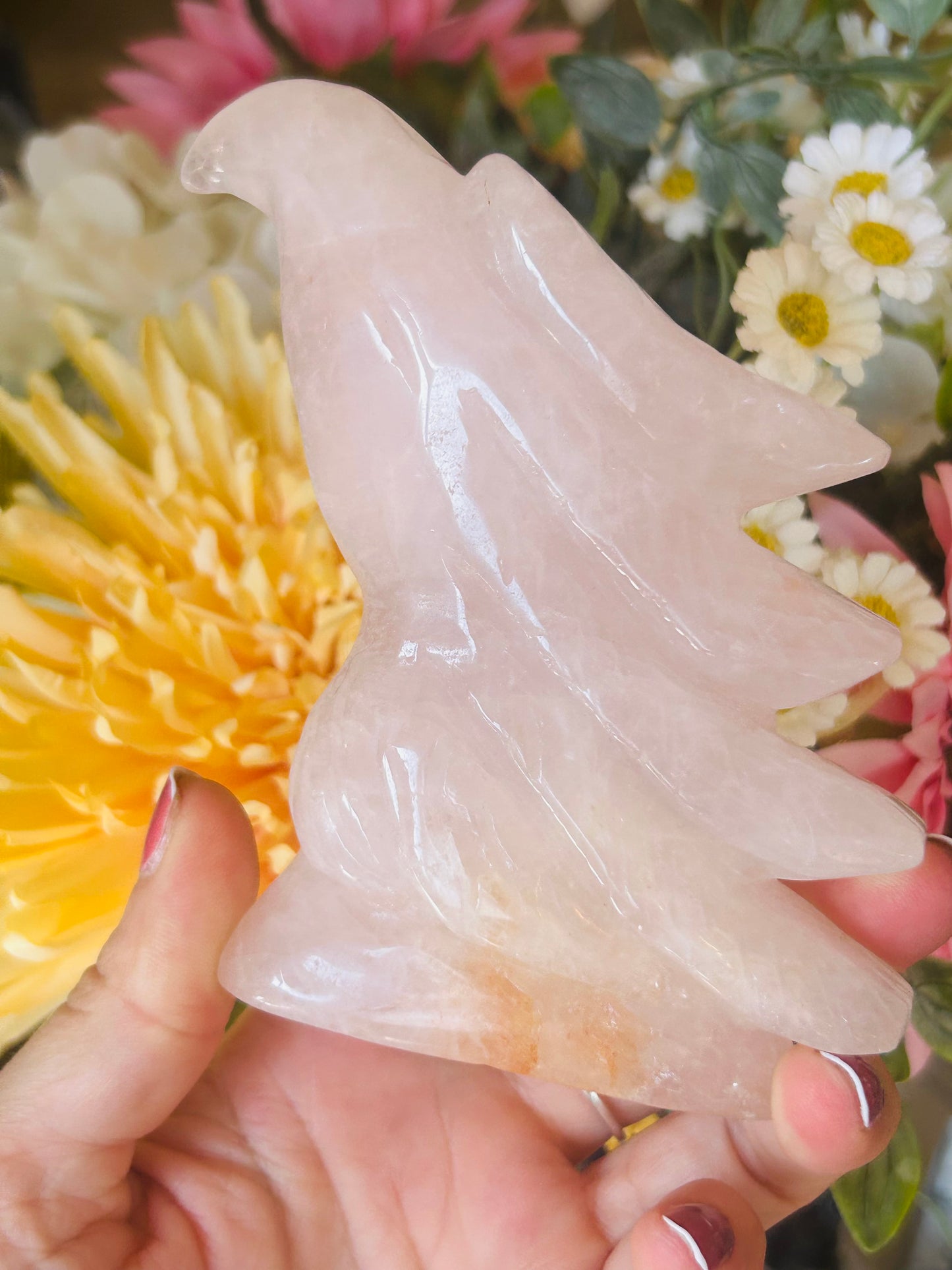 Rose quartz with golden healer eagle head