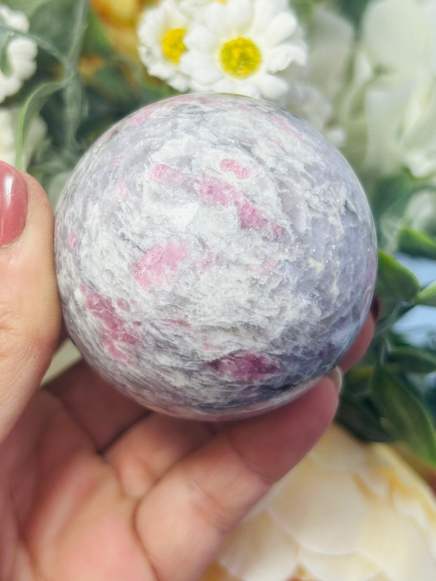 Pink tourmaline, smoky quartz and purple mica sphere