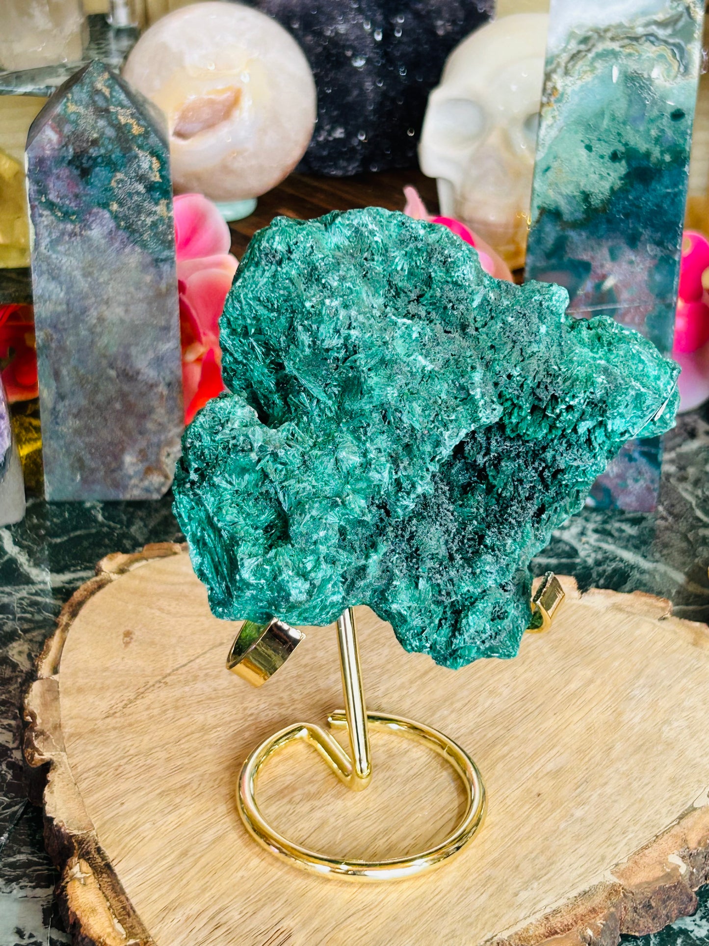 Velvet malachite raw specimen with stand