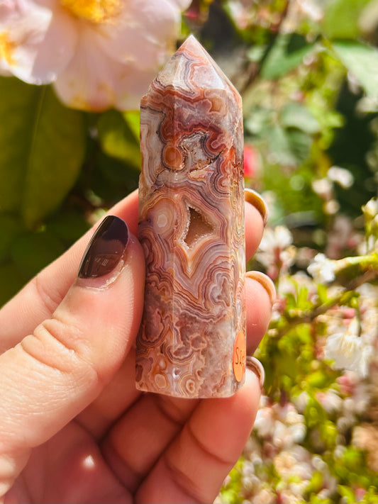 Mexican lace agate druzy tower