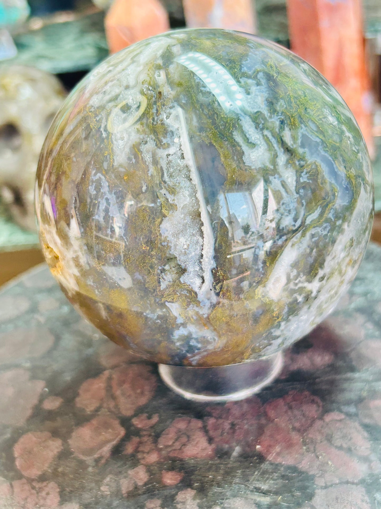 Moss agate druzy sphere