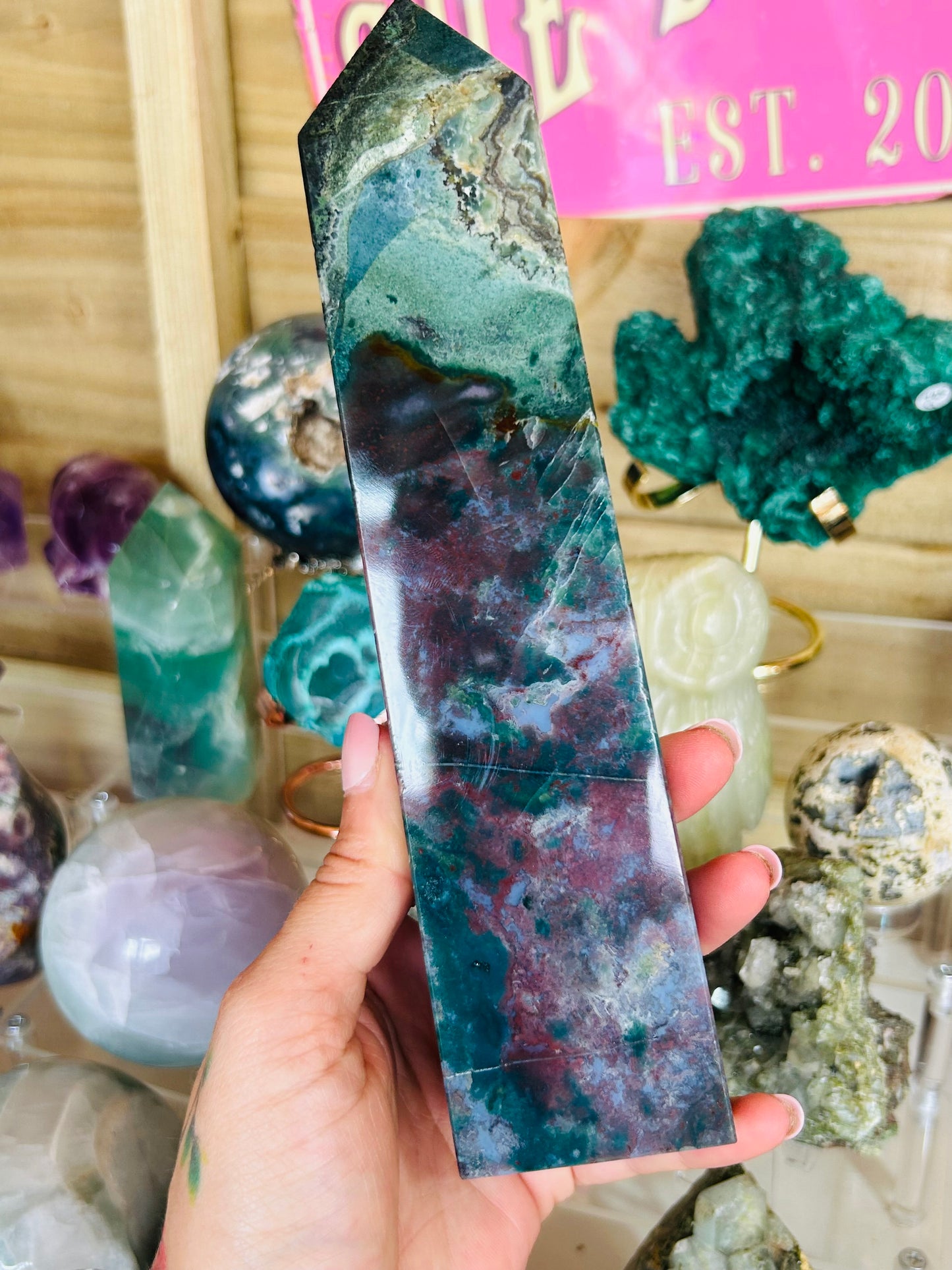 Ocean jasper with moss agate tower