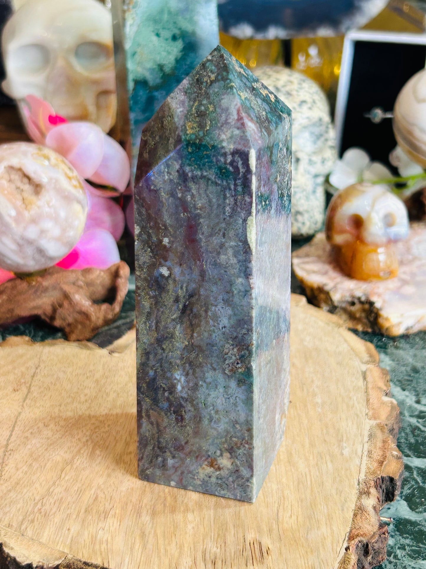Moss agate with ocean jasper tower
