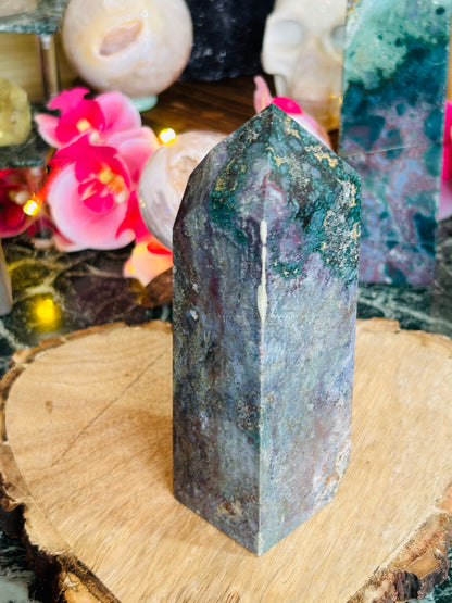 Moss agate with ocean jasper tower