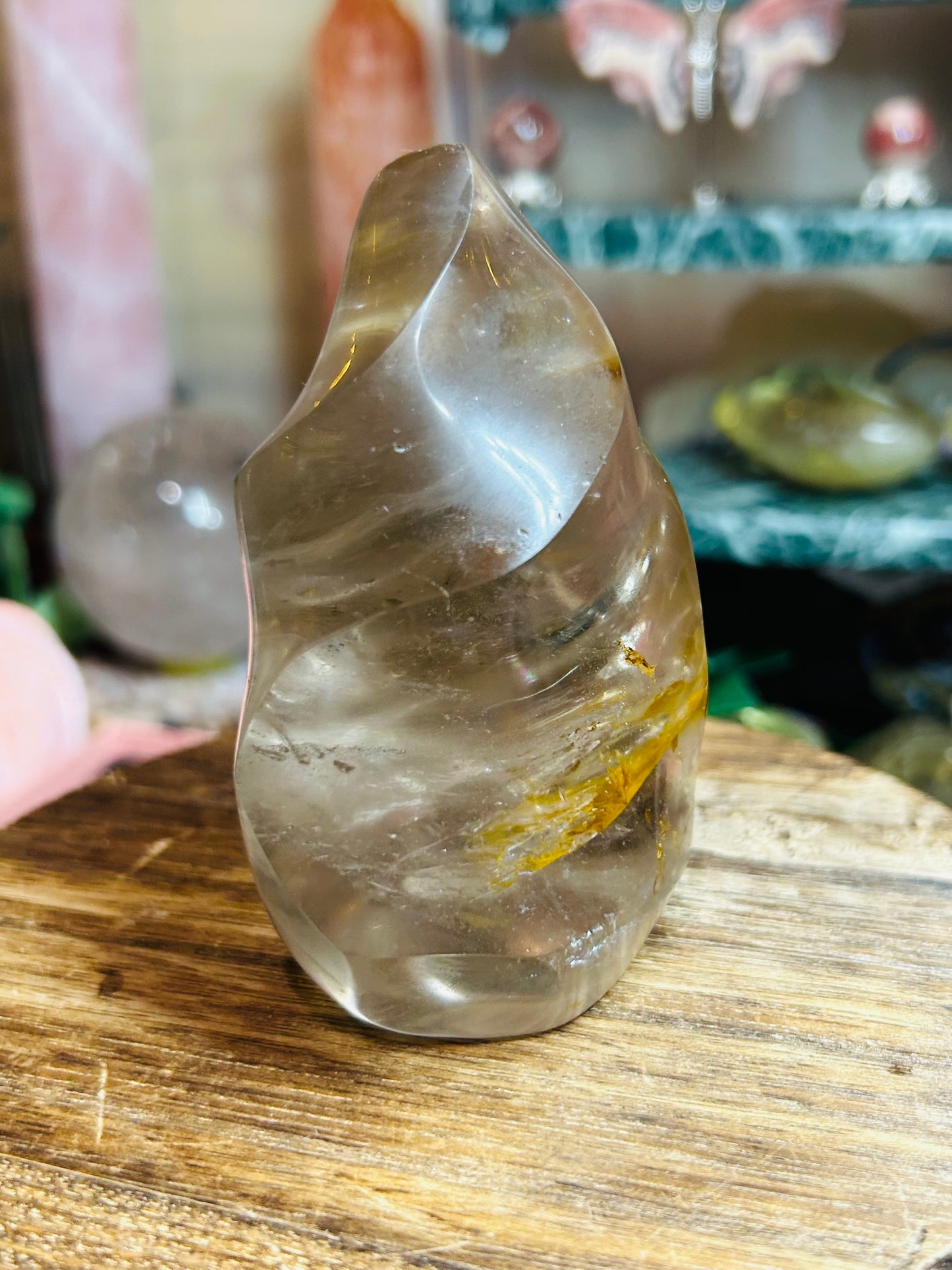 Smoky quartz with golden healer flame