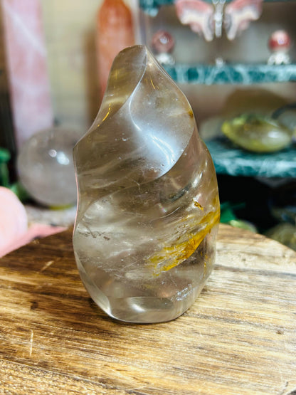 Smoky quartz with golden healer flame
