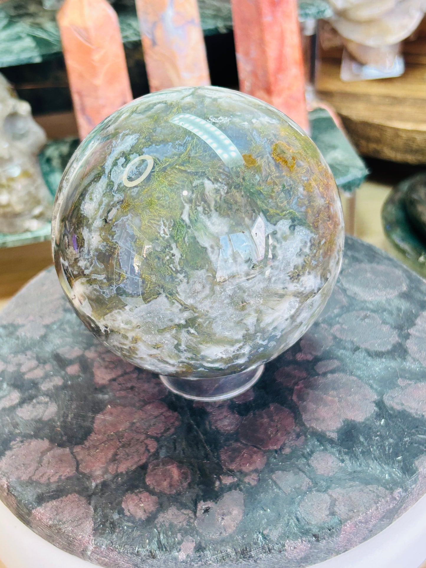 Moss agate druzy sphere