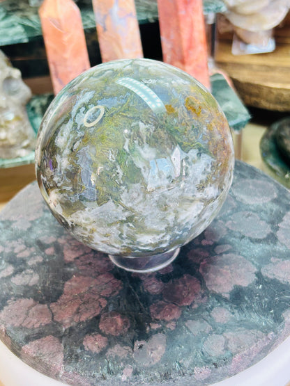 Moss agate druzy sphere