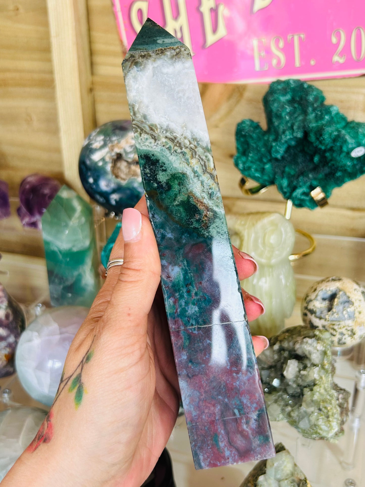 Ocean jasper with moss agate tower