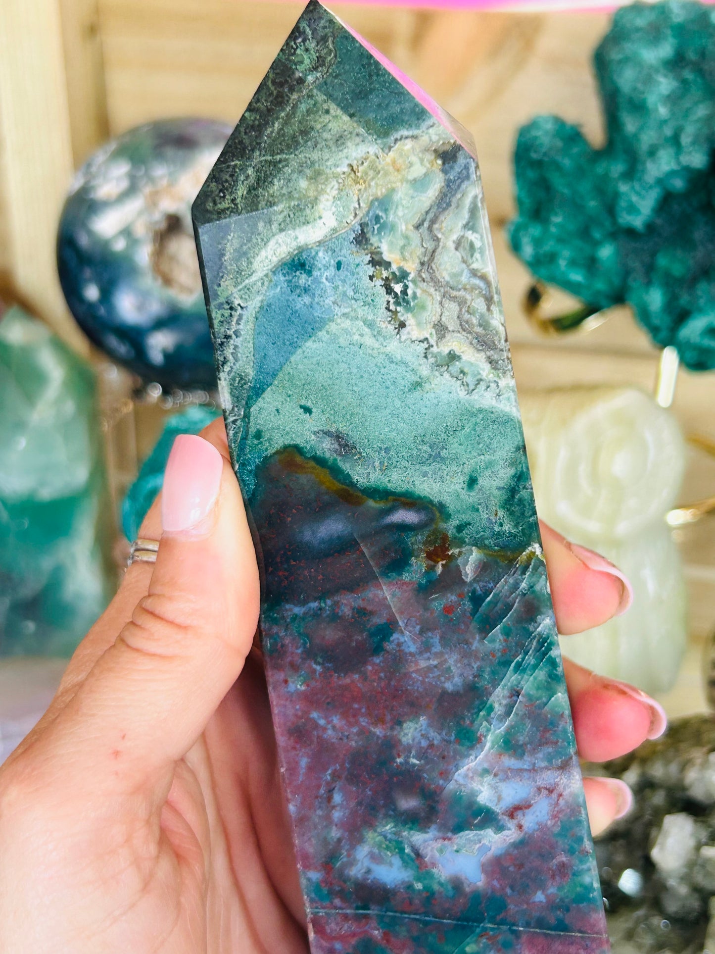 Ocean jasper with moss agate tower