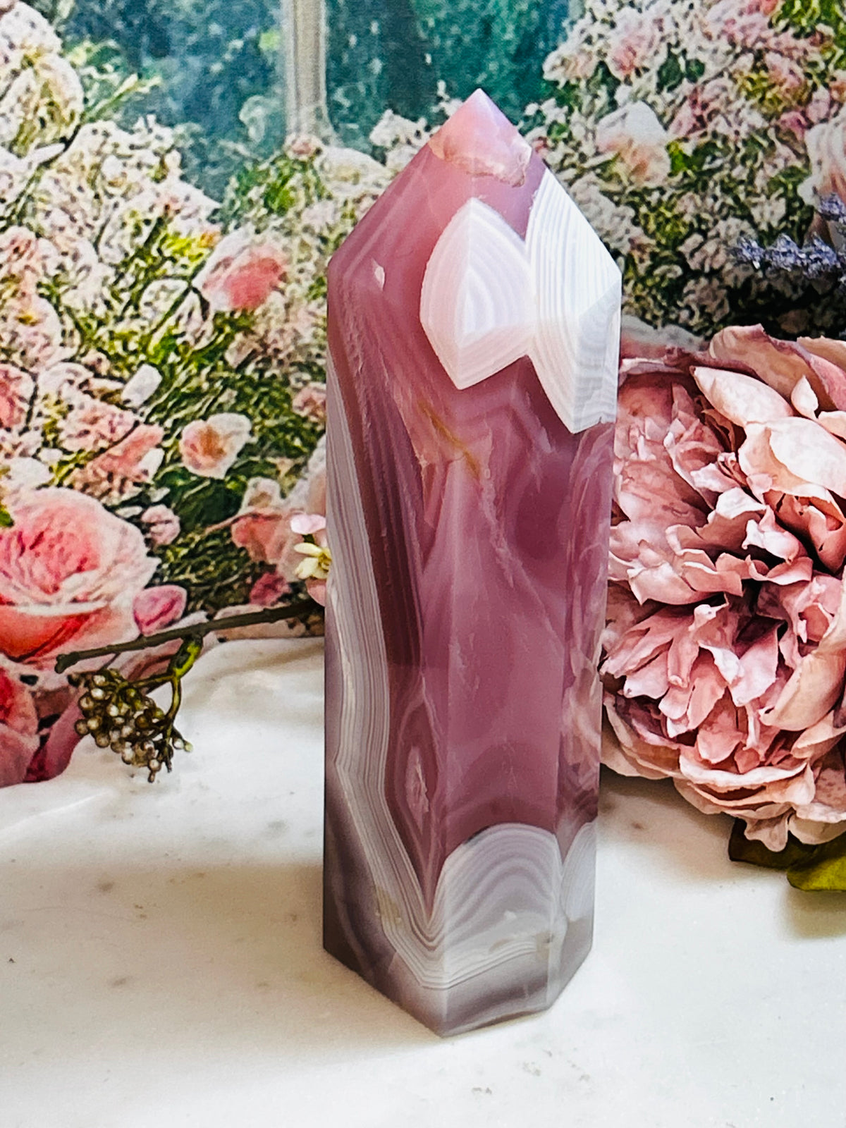 Pink jelly agate tower