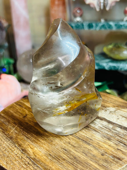 Smoky quartz with golden healer flame