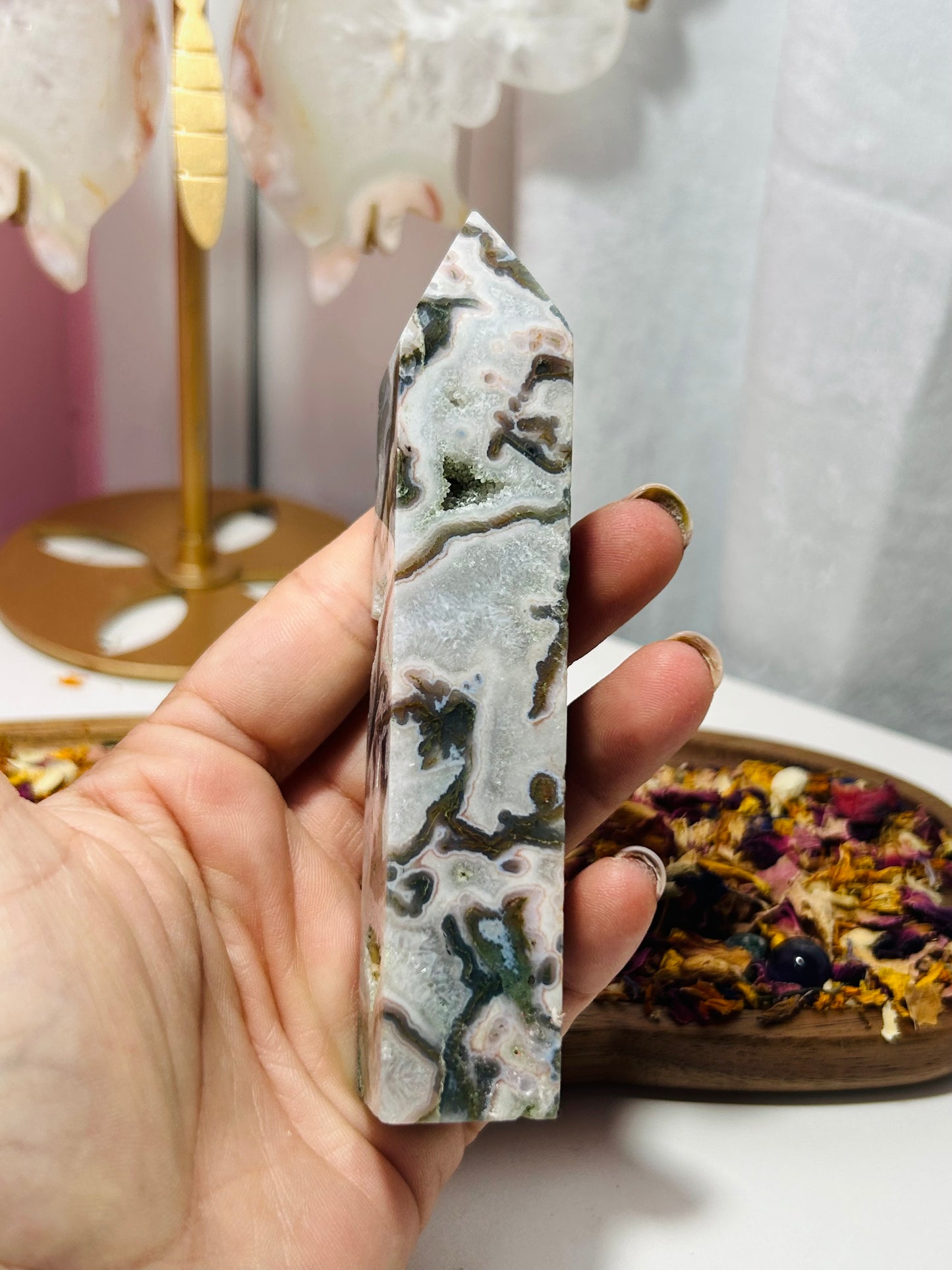 Moss agate druzy tower