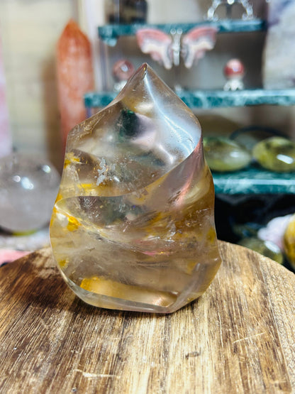 Smoky quartz with golden healer flame