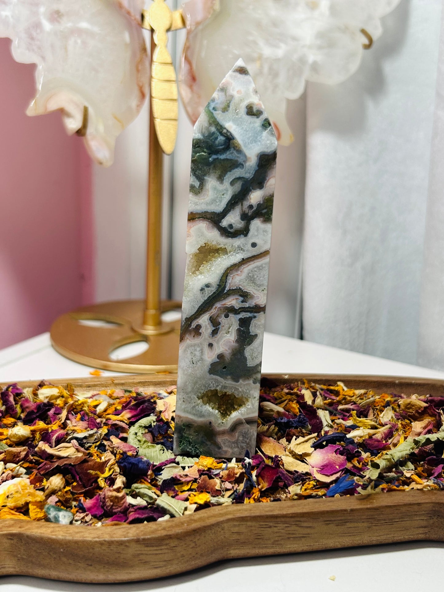 Moss agate druzy tower