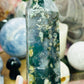 Moss agate/ ocean jasper tower with calcite