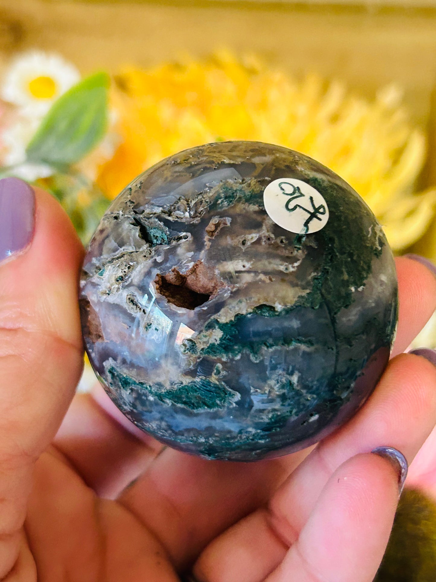 Moss agate natural druzy sphere