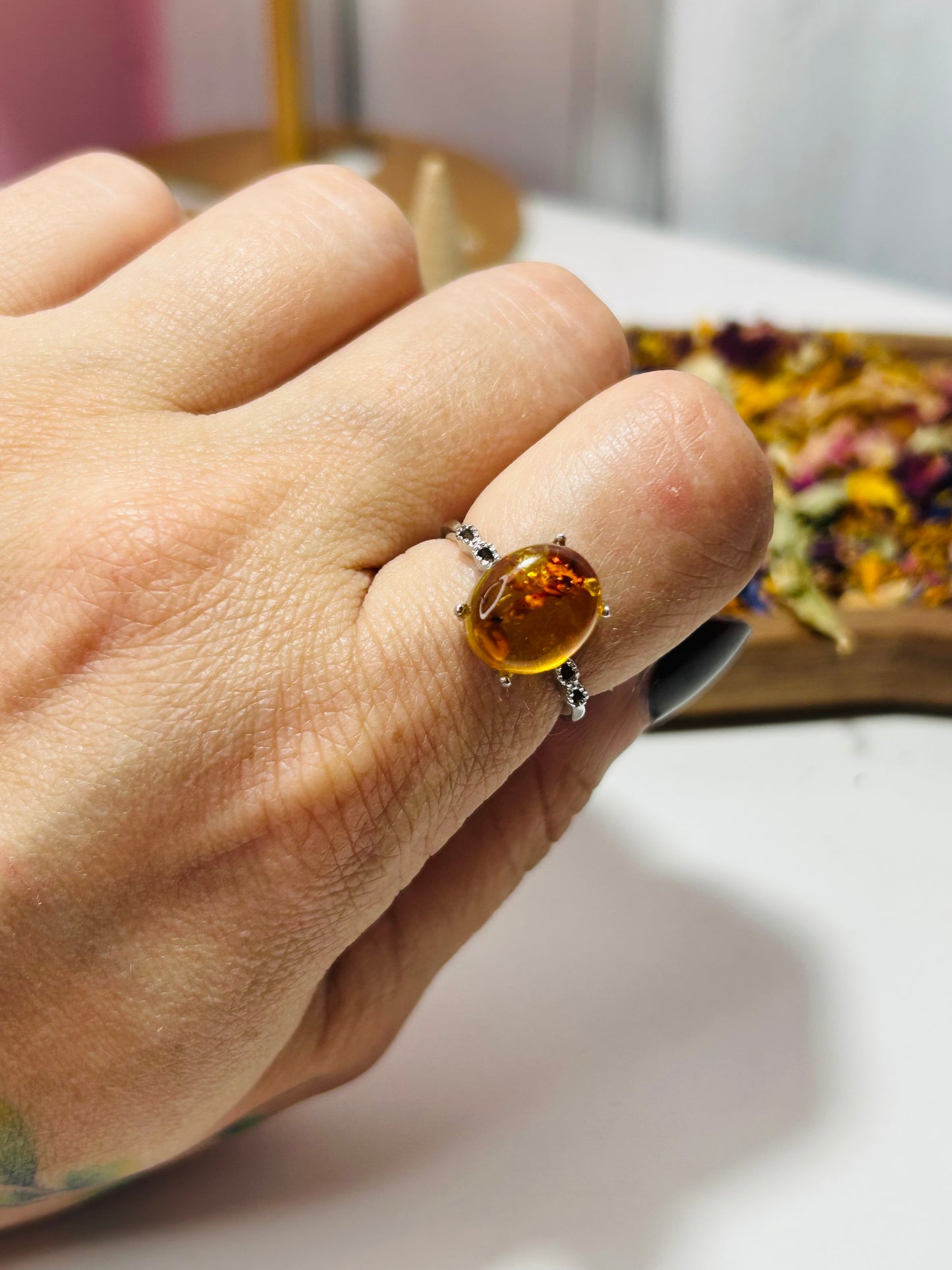 Amber adjustable S925 ring
