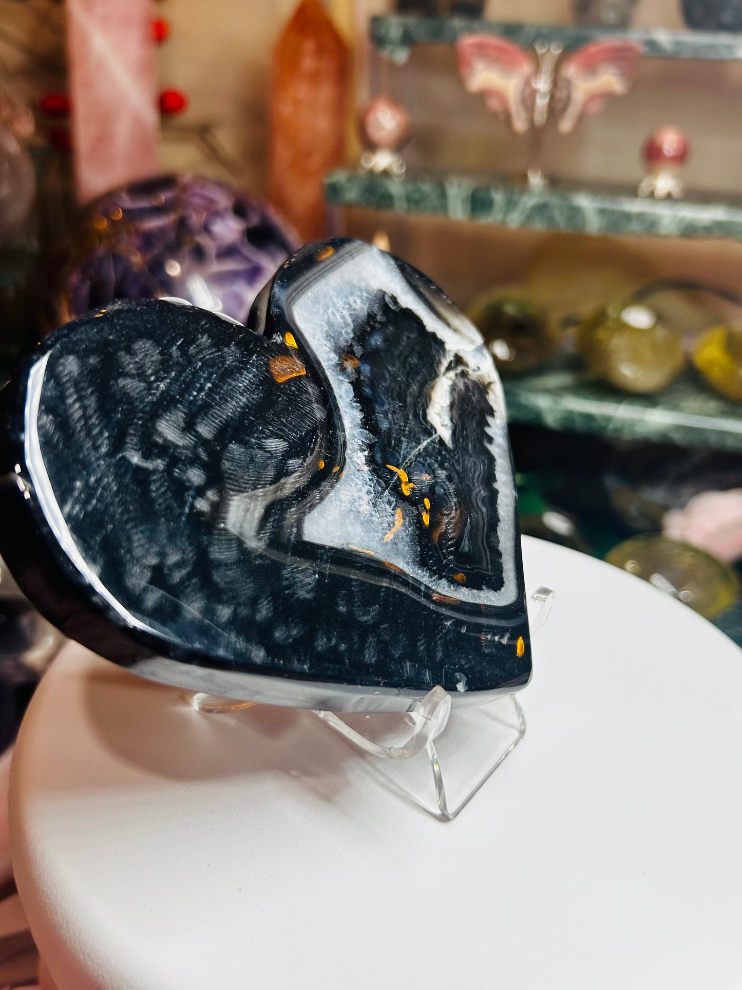 Black agate druzy heart