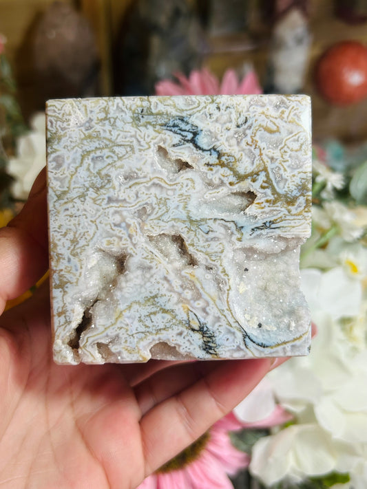 Druzy moss agate cube freestanding