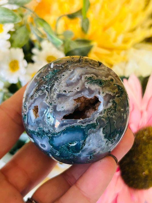 Moss agate natural druzy sphere
