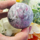 Pink tourmaline, smoky quartz and purple mica sphere