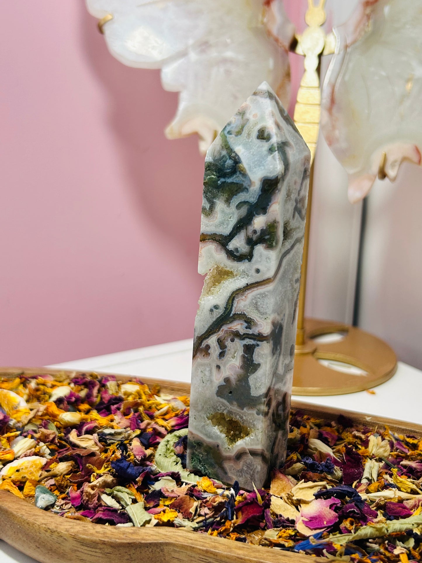 Moss agate druzy tower