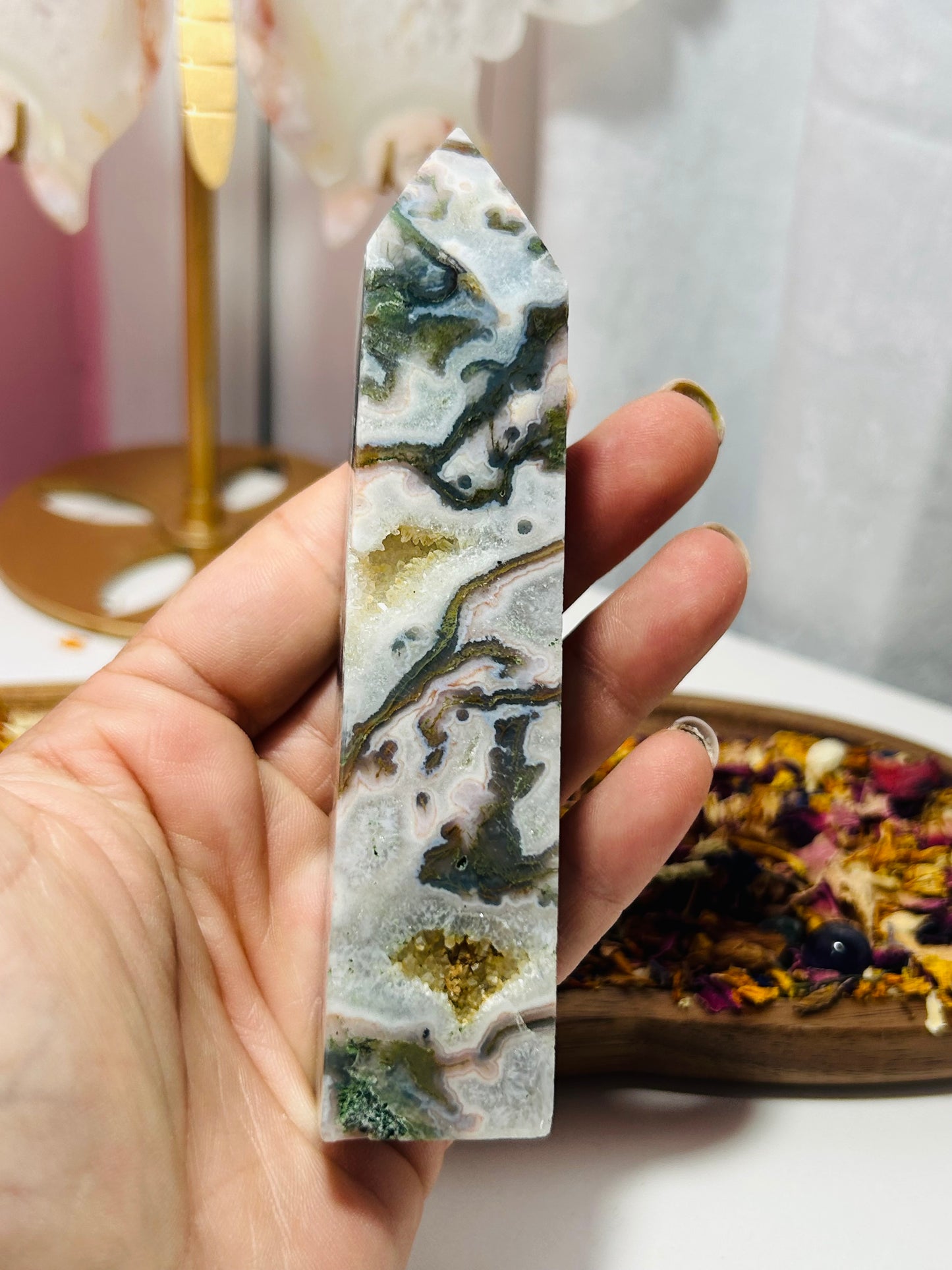 Moss agate druzy tower