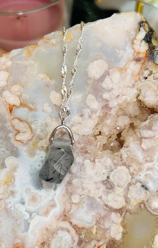 Black tourmaline in quartz s925 necklace 20”