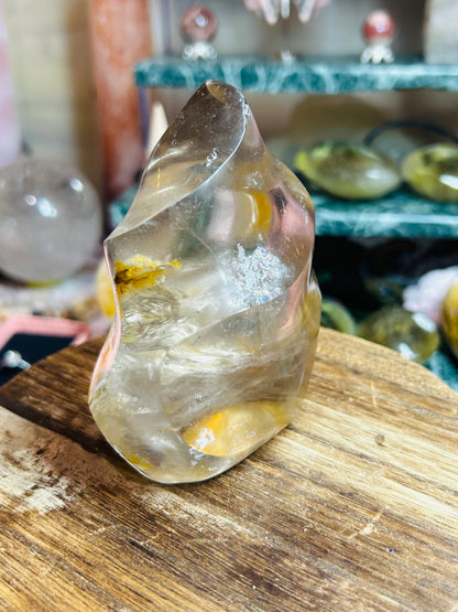 Smoky quartz with golden healer flame