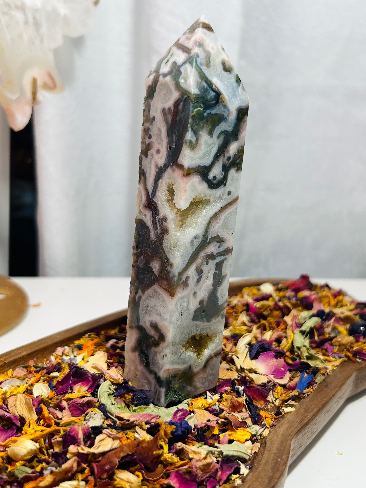 Moss agate druzy tower