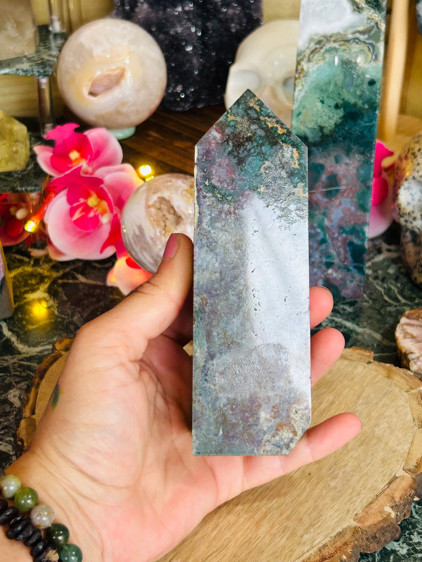 Moss agate with ocean jasper tower