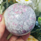 Pink tourmaline, smoky quartz and purple mica sphere